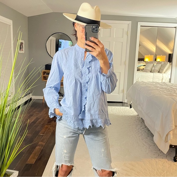 Love Sam Tops - LOVE SAM blue eyelet ruffle scalloped button down shirt size small